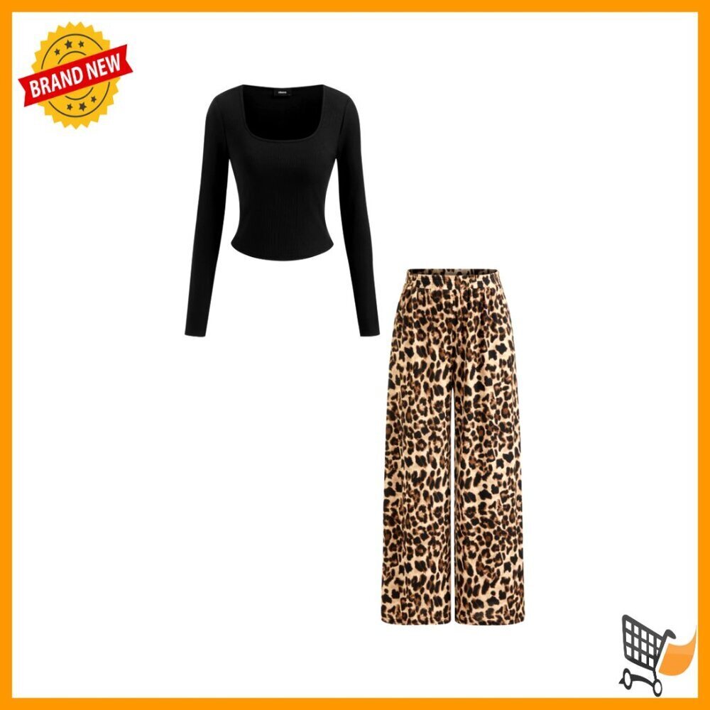 Leopard Wide Leg Pants Set with Built-in Bra Top Y2K Chic Outfit